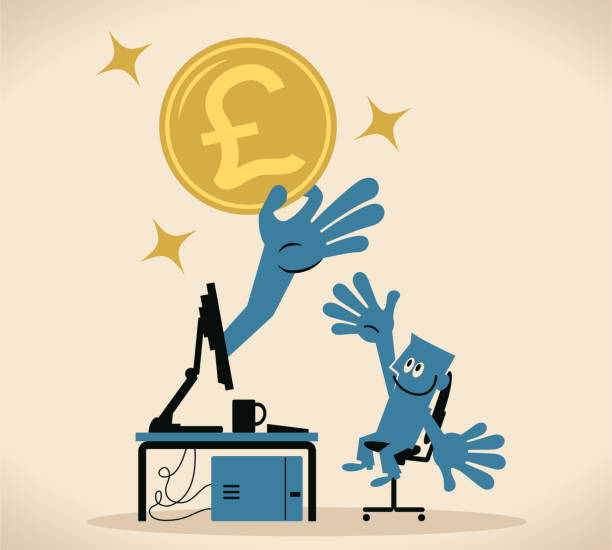 niebieski człowiek pracuje na komputerze, ręka wychodzi z monitora i daje funt znak brytyjskiej waluty do człowieka - british currency currency nobility financial item stock illustrations