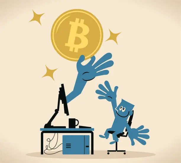 Vector illustration of Blue man works on a computer, a hand comes out of the monitor and gives a Bitcoin sign cryptocurrency to the man