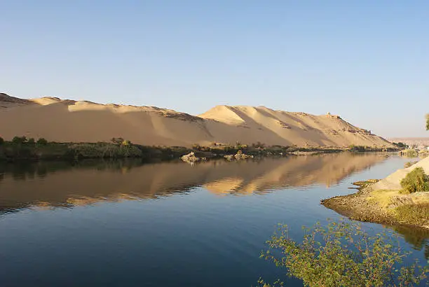 A tranquil view from the Elephantine Island on the Nile in Aswan, Egypt.