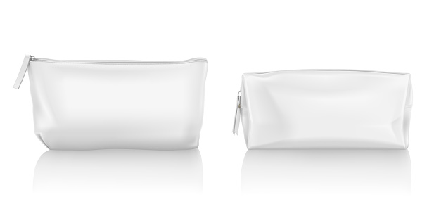 White cosmetic bag with zipper for makeup and beauty tools. Vector realistic mockup of blank fabric pouch with zip for toiletry, soap and body care products. Small beauticians for travel