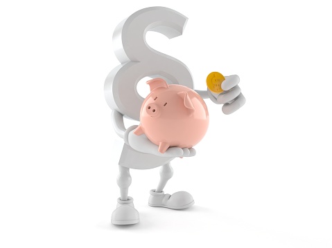 Paragraph character holding piggy bank with coin isolated on white background. 3d illustration