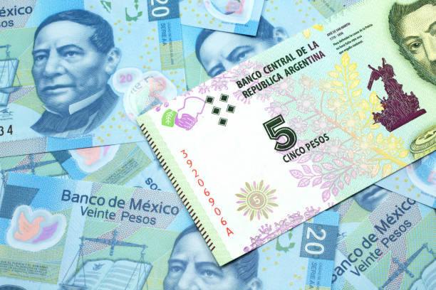 pięć peso banknot z argentyny z meksykańskich dwudziestu peso banknotów - argentina mexican pesos currency finance zdjęcia i obrazy z banku zdjęć