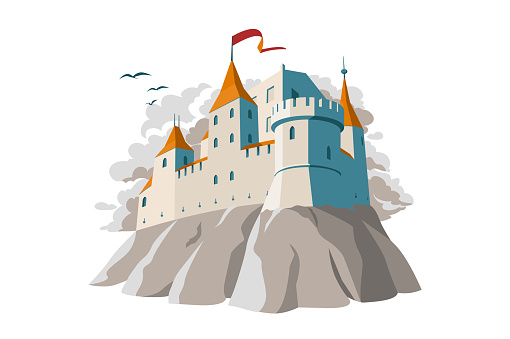 Medieval castle on hill vector illustration. Fortified fortress in gray colors with arched windows and red flag on turrets flat style design. Fairytale kingdom palace isolated on white