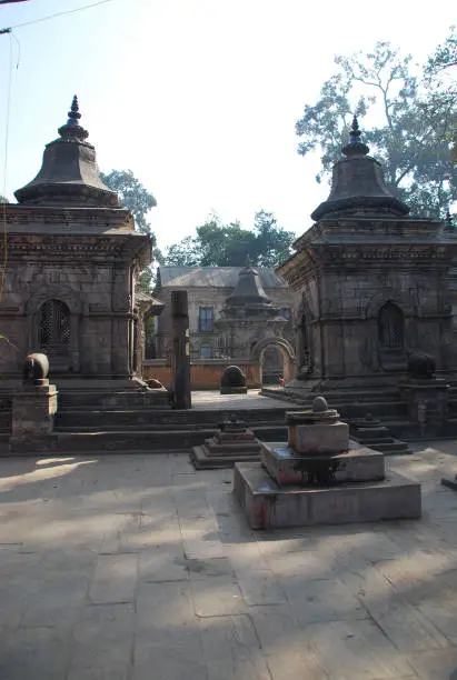 Photo of Votive temples and shrines in a row at Pashupatinath Temple, Kathmandu, Nepal.