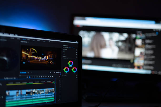 Editor display video editing color grading to upload content on social media or worldwide Editor display video editing color grading to upload content on social media or worldwide editor stock pictures, royalty-free photos & images