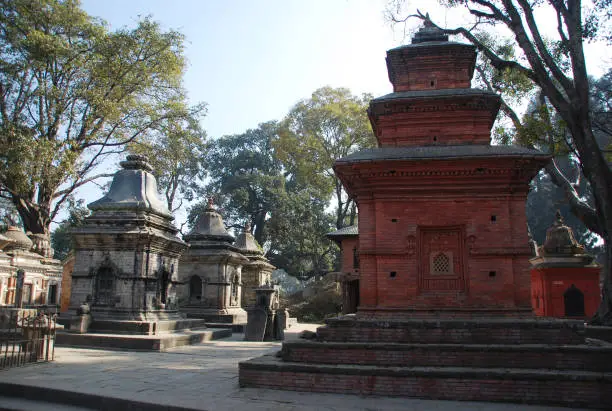 Photo of Votive temples and shrines in a row at Pashupatinath Temple, Kathmandu, Nepal.