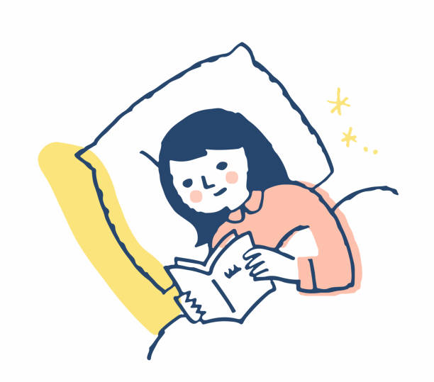 침대에서 책을 읽는 젊은 여자 - lying down illustrations stock illustrations
