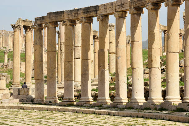 säulen der zerstörten griechisch-römischen stadt gerasa - greco roman fotos stock-fotos und bilder