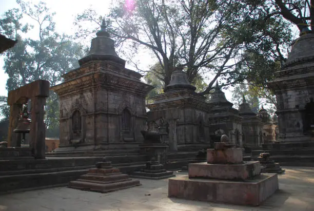 Photo of Votive temples and shrines in a row at Pashupatinath Temple, Kathmandu, Nepal.