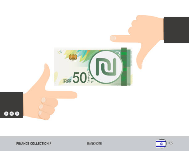 50 Israeli New Shekel Banknote. Business hands measuring banknote. Flat style vector illustration. Business finance concept. Banknotes israeli coin stock illustrations