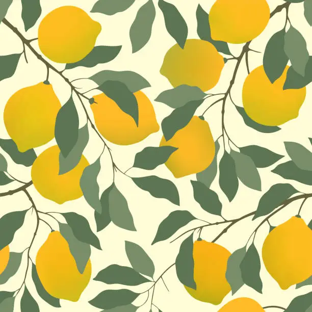 Vector illustration of Lemons seamless pattern. Lemons on branches with leaves on a yellow background.