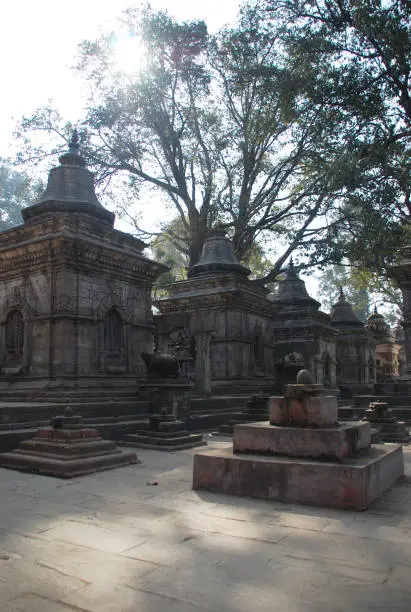 Photo of Votive temples and shrines in a row at Pashupatinath Temple, Kathmandu, Nepal.