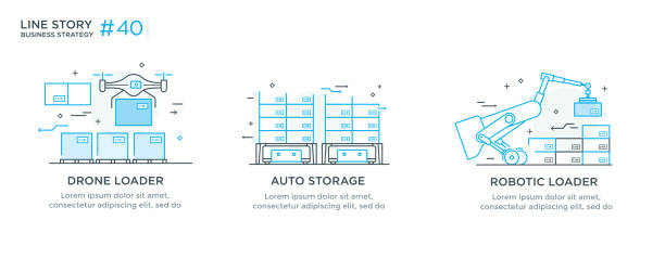 ilustraciones, imágenes clip art, dibujos animados e iconos de stock de conjunto de ilustraciones concepto con el hombre de negocios. tecnología, asociación, conexión, robot de negocios, cibernética. ilustración lineal iconos infográficos. cartel de impresión del sitio de la página de aterrizaje. historia de la línea - automatics