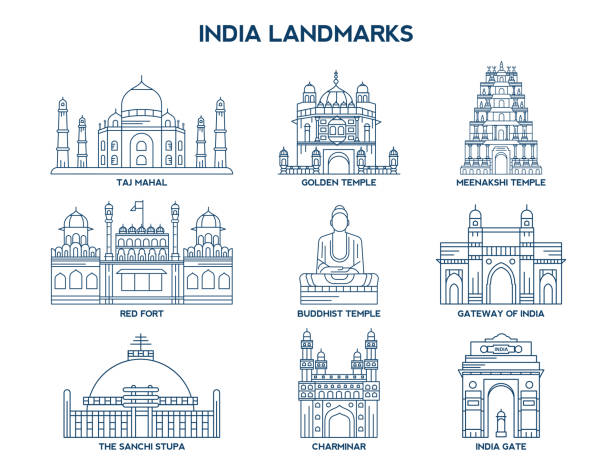 ilustrações, clipart, desenhos animados e ícones de índia landmarks_line arte - taj mahal