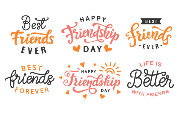Happy Friendship Day cute hand lettering big set Happy Friendship Day cute hand lettering big set. Best friends forever. Greeting card typography template. Modern calligraphy design elements for poster, tee shirt print. Vector illustration. forever friends stock illustrations