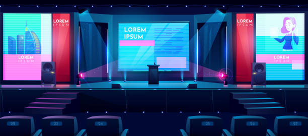 Business conference hall cartoon vector background Hall for business conferences, investment projects presentations, shareholders event or meeting with slides on projection screens, sittings rows and tribune on stage cartoon vector illustration presentation speech backgrounds stock illustrations