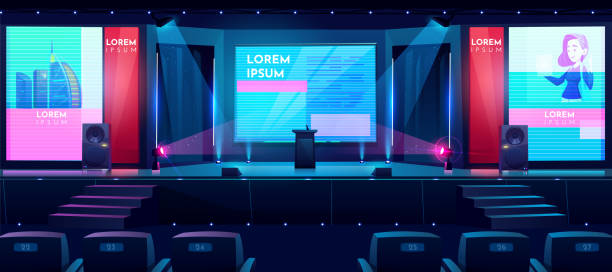 Business conference hall cartoon vector background Hall for business conferences, investment projects presentations, shareholders event or meeting with slides on projection screens, sittings rows and tribune on stage cartoon vector illustration audience backgrounds stock illustrations