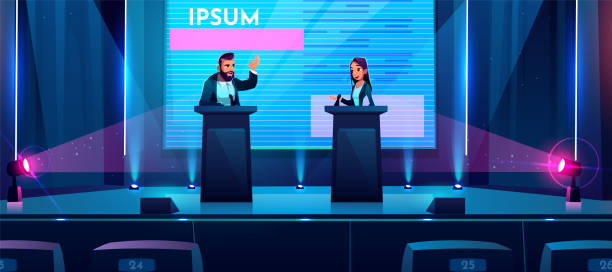 Conference debates business presentation on stage Conference debates or presentation on stage with business or politician man and woman stand at tribunes with microphones at dark scene with spotlights and huge screen. Cartoon vector illustration audience backgrounds stock illustrations