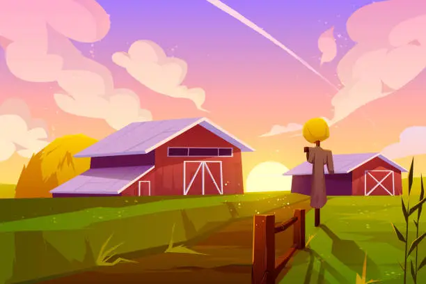 Vector illustration of Farm on summer nature rural background with barn