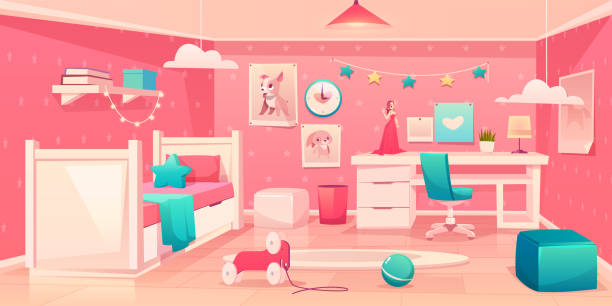 Little Girl Bedroom Cozy Interior Cartoon Vector Stock Illustration -  Download Image Now - Bedroom, Pink Color, Hanging - iStock