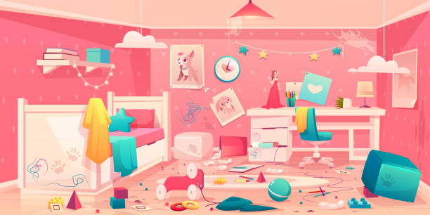 ilustraciones, imágenes clip art, dibujos animados e iconos de stock de niña desordenada dormitorio dibujos animados vector interior - domestic room child furniture nobody