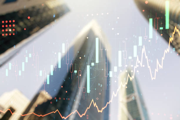 istock Double exposure of abstract financial graph on office buildings background, forex and investment concept 1208963775