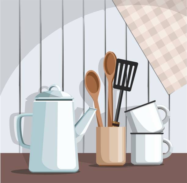 простая деревенская посуда, на винтажном деревянном фоне. кухня на месте жизни. - blue bowl brown ceramic stock illustrations