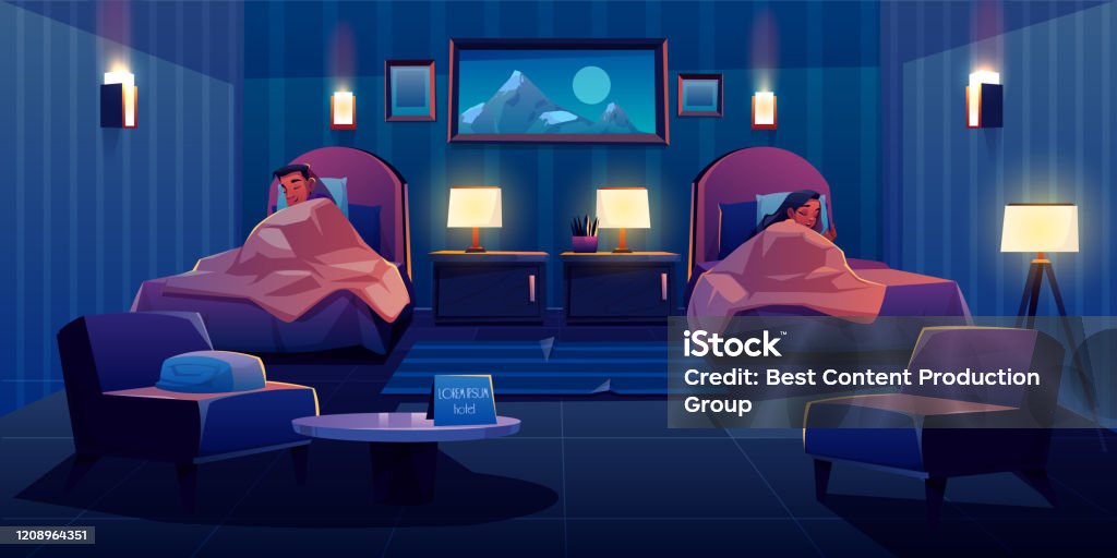 Young couple sleeping in apart bed at hotel suit Young couple sleeping apart in hotel bedroom at single beds, apartment interior with nightstands, glowing lamps, armchairs, table and painting on wall. Man and woman sleep. Cartoon vector illustration Separation stock vector