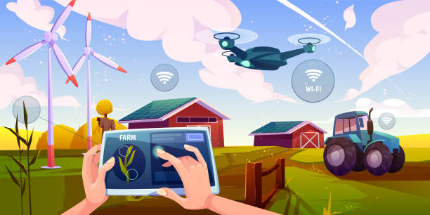 illustrations, cliparts, dessins animés et icônes de l’agriculture intelligente, les technologies futuristes à la ferme - drone futuristic