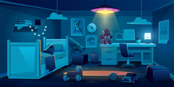 Child bedroom for boy at night time, dark room Child bedroom for boy at night, dark empty kid room interior design with bed, table, glowing ufo lamp, telescope Schoolboy or preschooler home place with furniture and toys Cartoon vector illustration bedroom stock illustrations