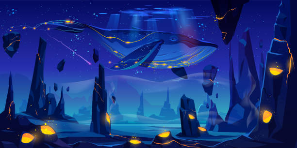 Fantasy dream, space fairy tale with huge whale Fantasy dream, space fairy tale background with huge whale flying in night neon sky over phantasmagoric alien planet surface with rocks and craters full of glowing lava. Cartoon vector illustration whale tale stock illustrations