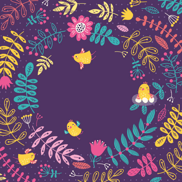 花の背景に鳥。テキストのためのかわいいフレーム - easter animal nest multi colored cheerful点のイラスト素材／クリップアート素材／マンガ素材／アイコン素材