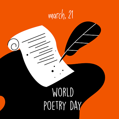 World poetry day, march 21.Vector illustration of feathe, manuscript and ink.