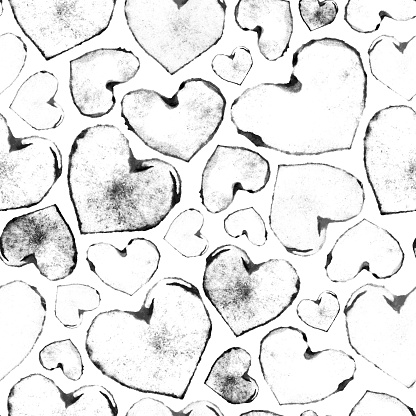Faded traces of imprinted black hearts arranged carelessly on white watercolor paper background - creative illustration in vector.

SEAMLESS PATTERN - duplicate it vertically and horizontally to get unlimited area. 

VECTOR FILE - enlarge without lost the quality!

Great design for Valentines Day!