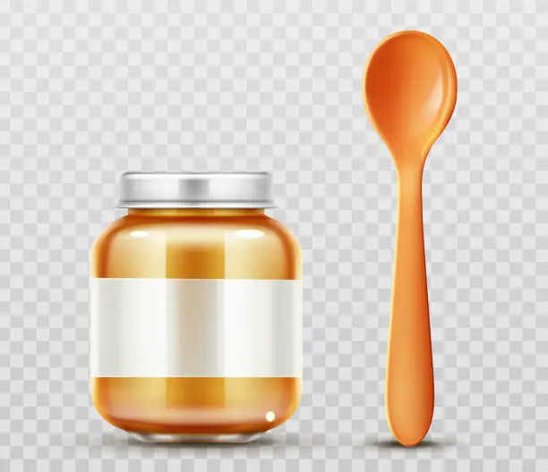 Vector illustration of Baby food jar with spoon glass puree closed bottle