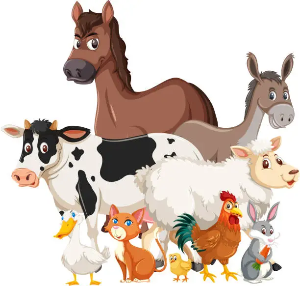 Vector illustration of Many farm animals on white background