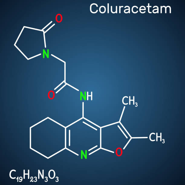 Coluracetam, BCI-540,  C19H23N3O3 molecule. It is is a nootropic agent of the racetam family. Structural chemical formula on the dark blue background Coluracetam, BCI-540,  C19H23N3O3 molecule. It is is a nootropic agent of the racetam family. Structural chemical formula on the dark blue background. Vector illustration nootropic stock illustrations