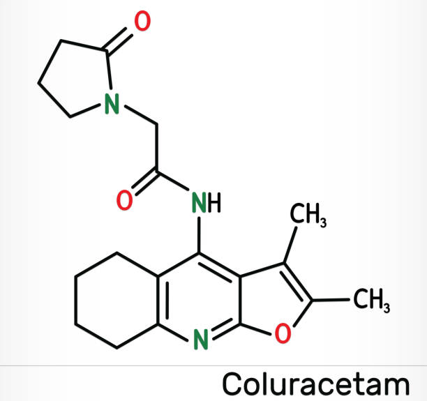 Coluracetam, BCI-540,  C19H23N3O3 molecule. It is is a nootropic agent of the racetam family. Skeletal chemical formula Coluracetam, BCI-540,  C19H23N3O3 molecule. It is is a nootropic agent of the racetam family. Skeletal chemical formula. Illustration nootropic stock illustrations