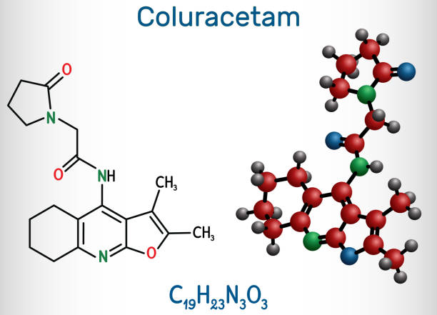 Coluracetam, BCI-540,  C19H23N3O3 molecule. It is is a nootropic agent of the racetam family. Structural chemical formula and molecule model Coluracetam, BCI-540,  C19H23N3O3 molecule. It is is a nootropic agent of the racetam family. Structural chemical formula and molecule model. Vector illustration nootropic stock illustrations