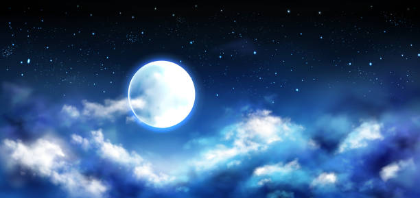 полнолуние в ночном небе со звездами и облаками сцены - fog landscape backgrounds cloud stock illustrations