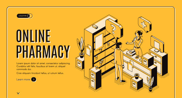 ilustraciones, imágenes clip art, dibujos animados e iconos de stock de estandarte web isométrico de farmacia en línea. atención sanitaria - venta de muebles online