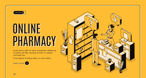 Online pharmacy isometric web banner. Healthcare Online pharmacy isometric web banner. Customer communicate with pharmacist at counter desk in drugstore with medicine lying on shelf. Healthcare business. 3d vector landing page in line art style pharmacy store stock illustrations