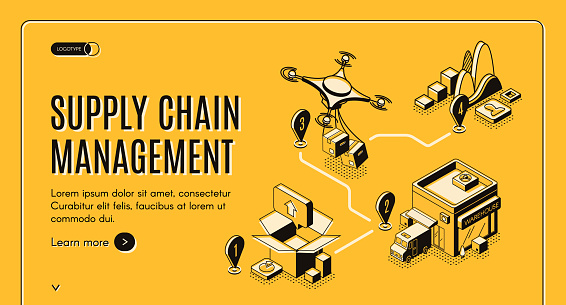 Supply chain management isometric landing page. Drone logistic and cargo transportation steps. Goods delivery process, export, import over world, global trade 3d vector illustration, line art, banner.
