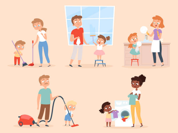 Kids housework. Children helping parents cleaning and washing room vector characters Kids housework. Children helping parents cleaning and washing room vector character. Housework and household, child daughter and son help illustration household chores stock illustrations
