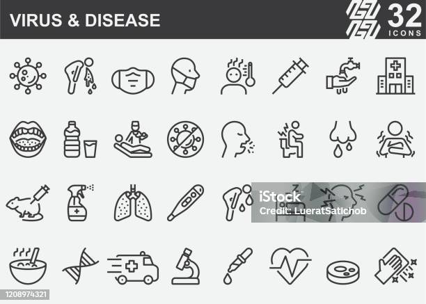 Virus En Ziekte Line Iconen Stockvectorkunst en meer beelden van Pictogram - Pictogram, Braken, Ziekte