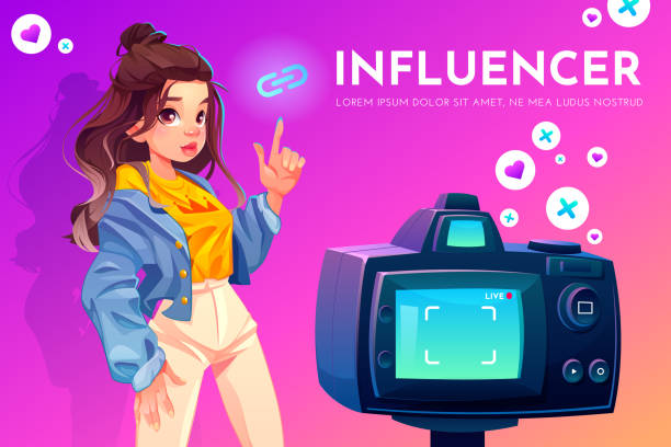 Influencer blogger girl in stylish clothes with crown print on t-shirt pointing on link icon stand in front of recording video camera. Social media live vlog broadcasting. Cartoon vector illustration