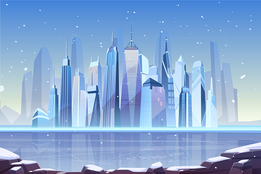 Snowfall in modern city cartoon vector with futuristic skyscrapers on frozen river shore illustration. Winter holidays season in metropolis, climate changes, cold and frosty weather concept background