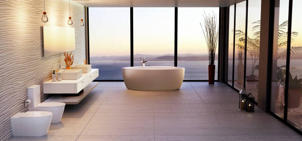 istock Luxury high key bathroom render with sea view. 1208975566