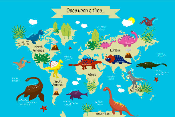 Ilustración de Dinosaurios De Dibujos Animados Con Nombres En El Mapa  Mundial Moderno Continentes Y Océanos Geografía Para Niños En Edad  Preescolar Y Escolar y más Vectores Libres de Derechos de Dinosaurio -