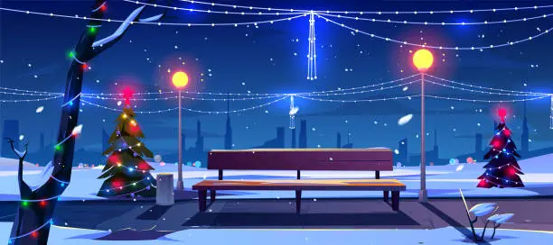 Vector illustration of Christmas in night park, empty public garden view